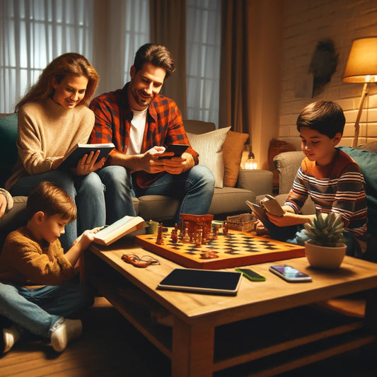Digital Detox family time. The family is reading, playing games and spending time together, rather than being glued to their mobile devices.